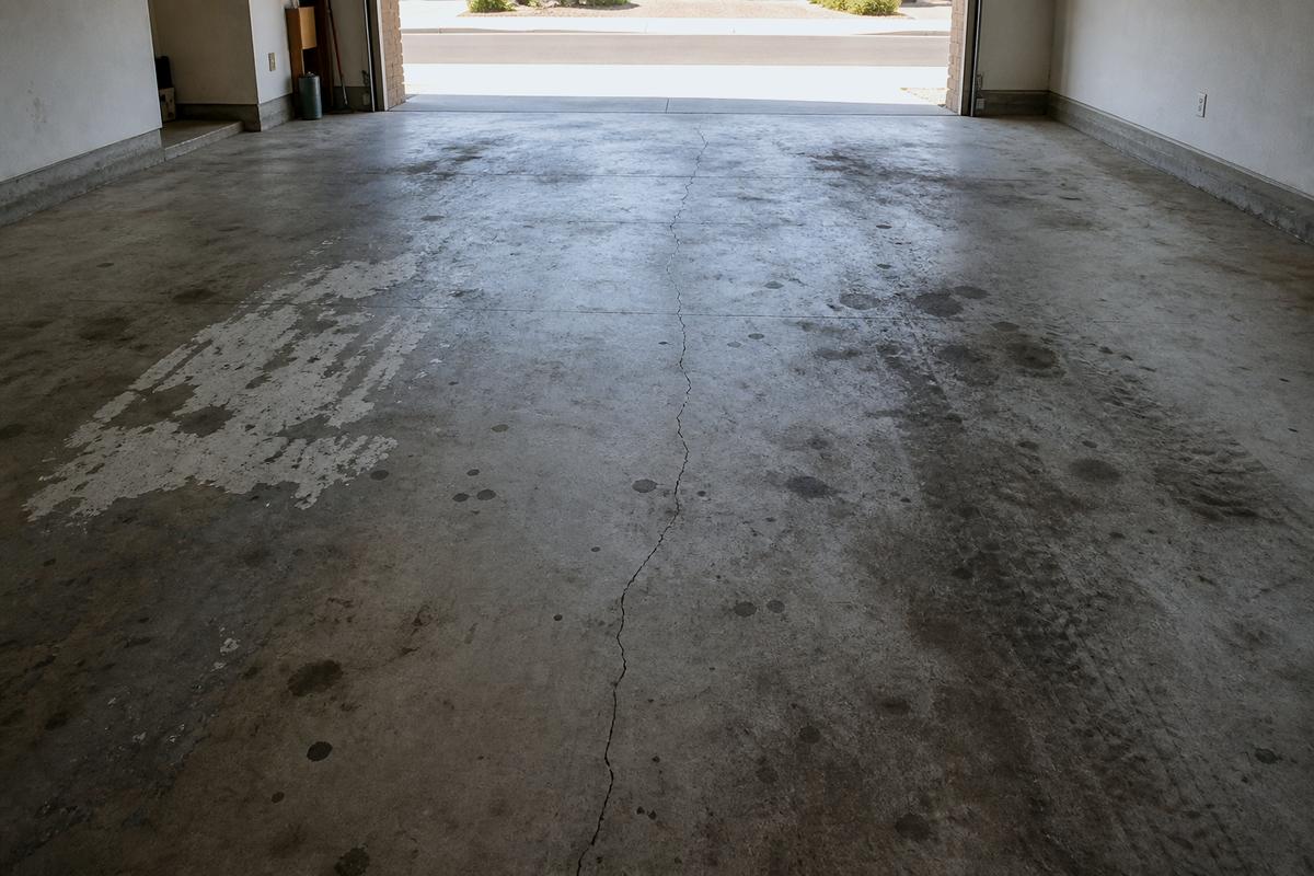 Cracked, oil-stained bare concrete garage floor before coating